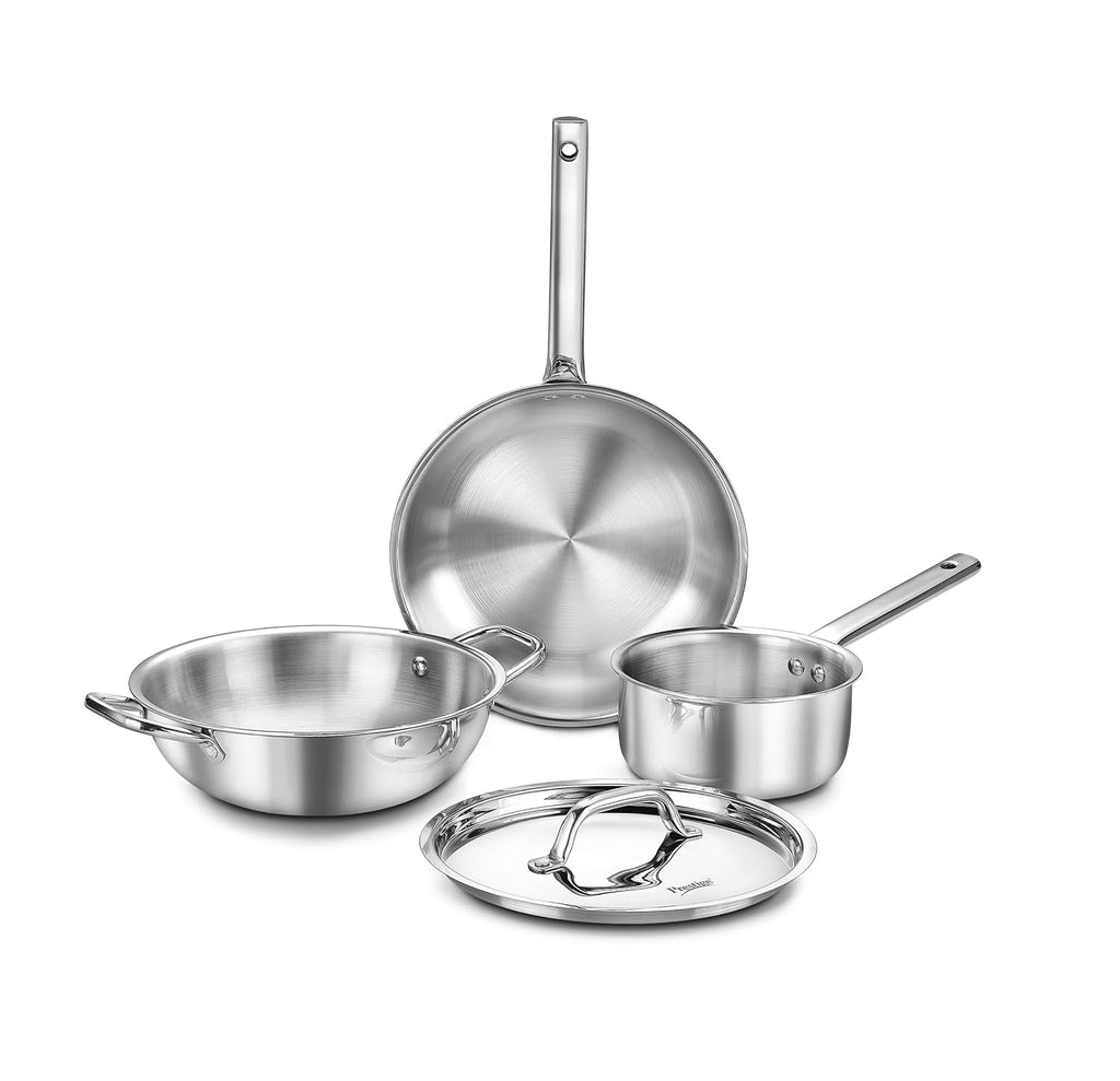 Prestige TRIPLY 4 Pc Cookware Set | TRIPLY Splendid | Fry Pan 24cm/1.7L | Kadai 24cm/2.7L | Sauce Pan 16cm/1.5L | SS Lid 24cm | Gas & Induction Compatible | Even Heat Distribution | 15Y Warranty | ISI