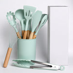 12 Pcs Silicone Kitchen Tool Set with Wooden Handles | Non Stick Cookware Safe Cooking Utensils with Storage Holder | Kitchen Accessories Set for Cooking & Baking (Green)