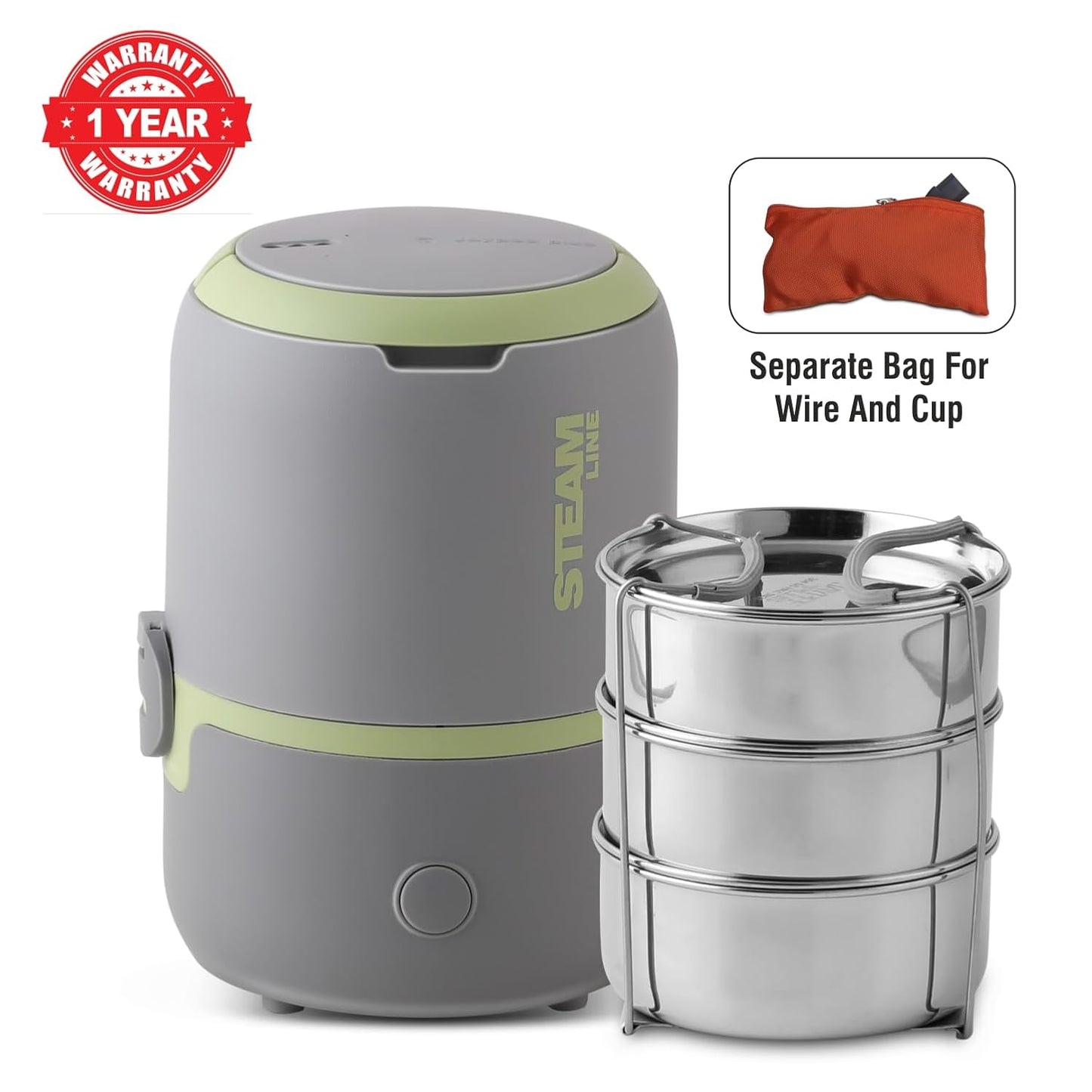 Jaypee Plus Steamline Electric Lunch Box Stainless Steel containers 300X3 ml with Bag, Power Cord & Measuring Cup Lunch Box for Offfice Reheat Food in 15 Minute Auto Cut steam Technology,Grey Green