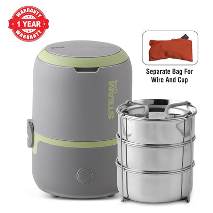 Jaypee Plus Steamline Electric Lunch Box Stainless Steel containers 300X3 ml with Bag, Power Cord & Measuring Cup Lunch Box for Offfice Reheat Food in 15 Minute Auto Cut steam Technology,Grey Green