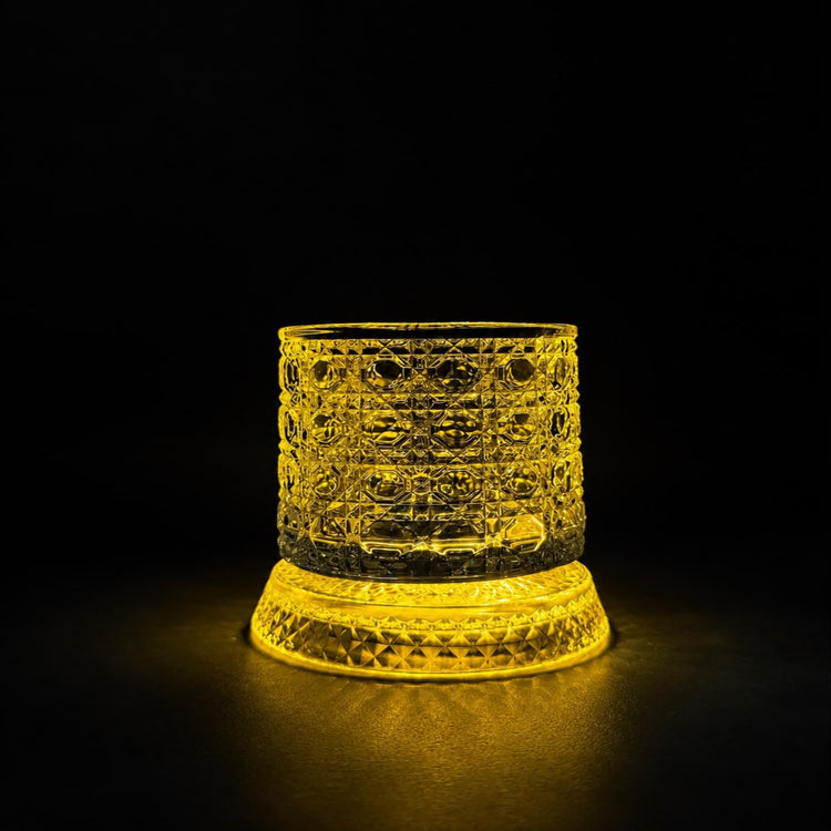 IndElite Luxury Rotating Whiskey Glass Set of 1| Crystal Cut Spinning Whisky Glass with LED Light Coaster | Premium Barware Gift for Men & Whiskey Enthusiasts