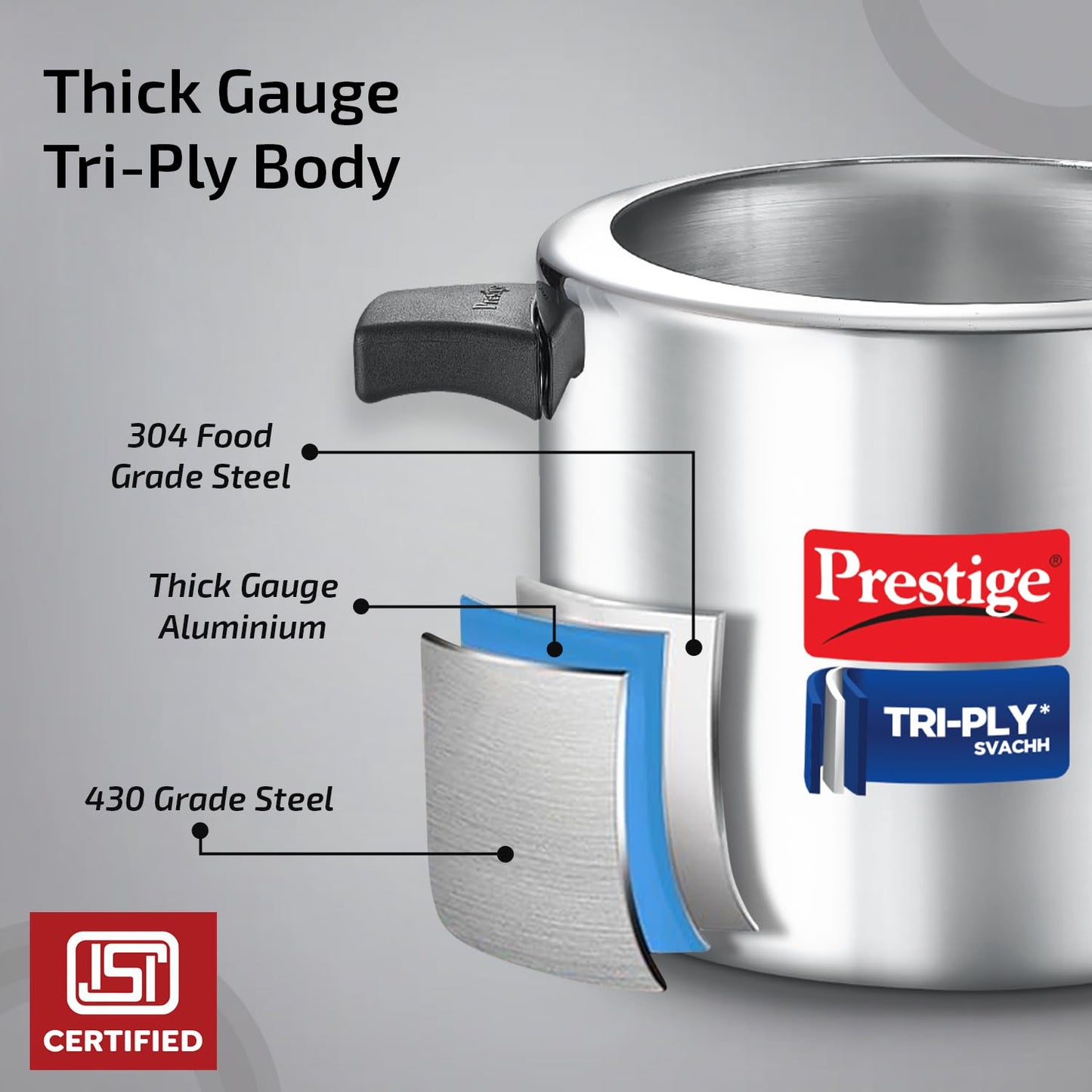 Prestige 5L+3L Triply Svachh Inner Lid Pressure Cooker Combi with 2 Lids|Gas & Induction Compatible|Deep lid for spillage control|Triply body for even heat distribution|5 Years Warranty|ISI Certified