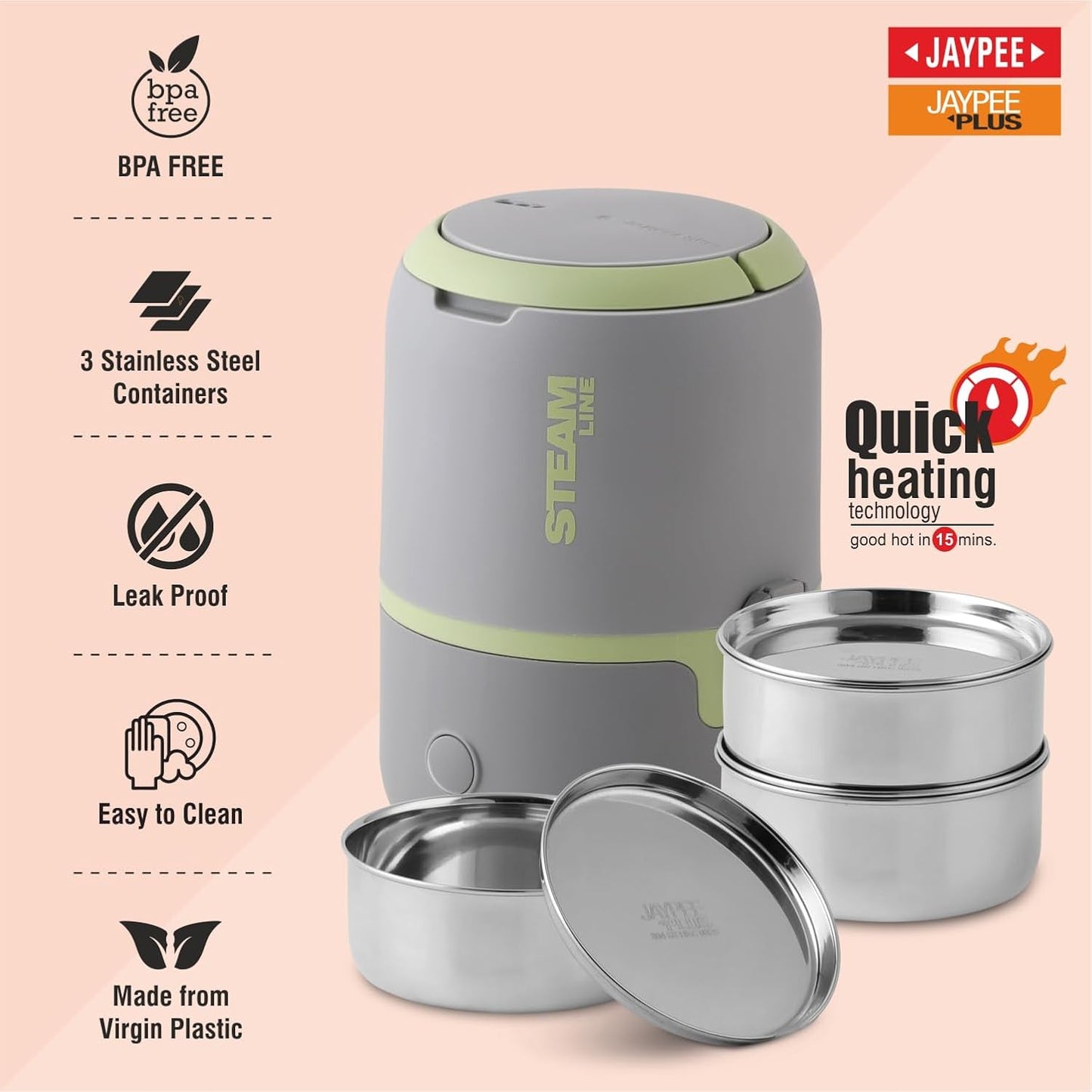 Jaypee Plus Steamline Electric Lunch Box Stainless Steel containers 300X3 ml with Bag, Power Cord & Measuring Cup Lunch Box for Offfice Reheat Food in 15 Minute Auto Cut steam Technology,Grey Green
