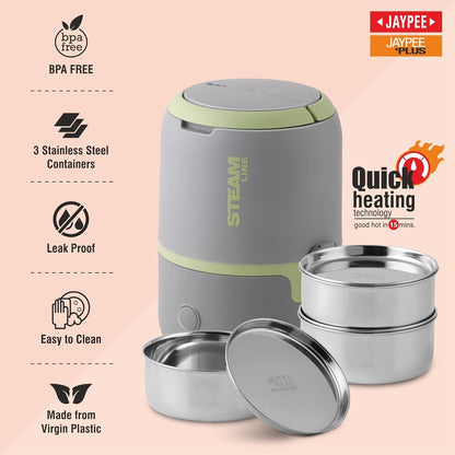 Jaypee Plus Steamline Electric Lunch Box Stainless Steel containers 300X3 ml with Bag, Power Cord & Measuring Cup Lunch Box for Offfice Reheat Food in 15 Minute Auto Cut steam Technology,Grey Green