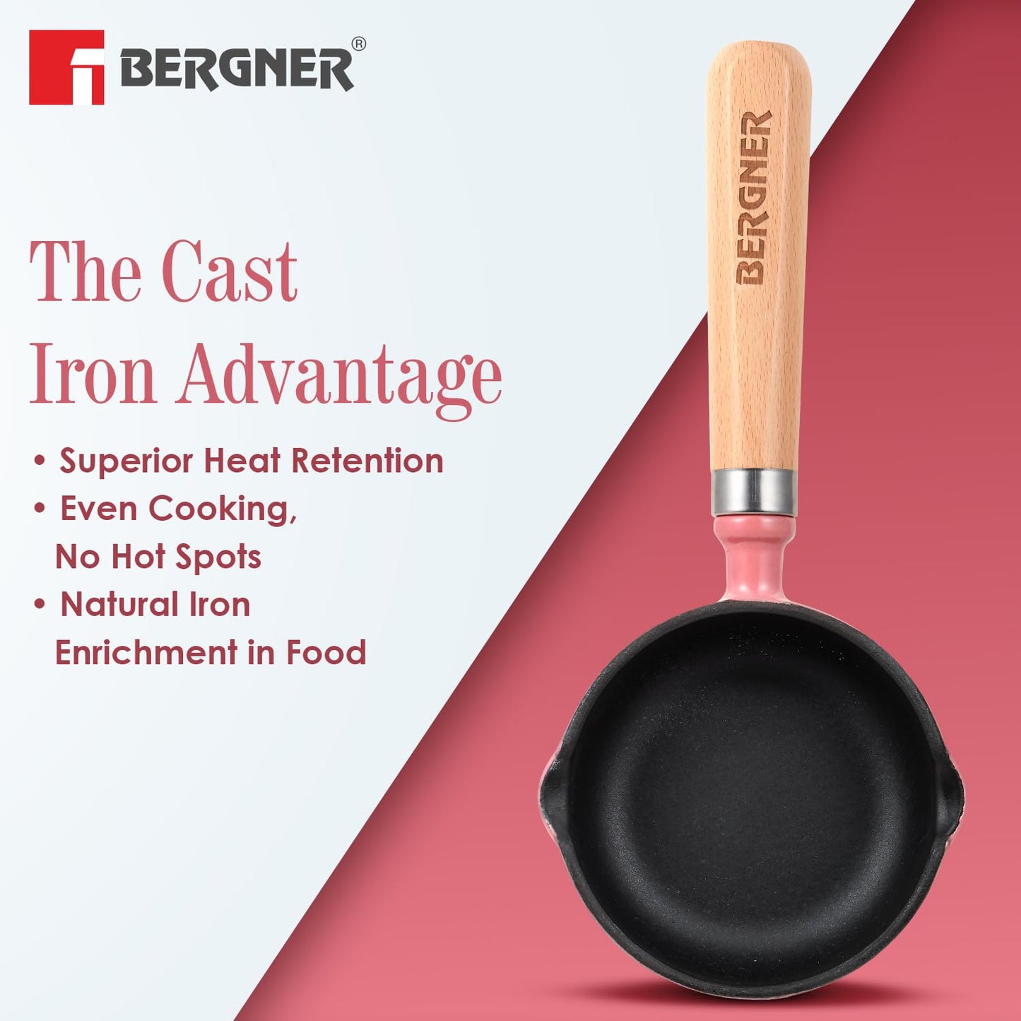 BERGNER Excalibur Lightweight Cast Iron Tadka Pan with Lid 12cm, Non-Stick Vaghar Pan, PFAS Free, Perfect Heat Distribution, Elegant Design, Silicone Grips - Induction and Gas Stove Ready (Pink)