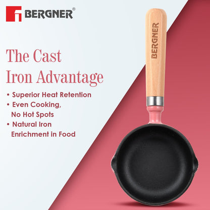 BERGNER Excalibur Lightweight Cast Iron Tadka Pan with Lid 12cm, Non-Stick Vaghar Pan, PFAS Free, Perfect Heat Distribution, Elegant Design, Silicone Grips - Induction and Gas Stove Ready (Pink)