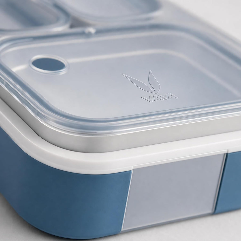 VAYA TYDBYT Stainless Steel Tiffin Box for Men, Kids Girls,1 Large & 2 Small Compartments, Bento Lunch Box, Smart Portions for Balanced Meals, Blue