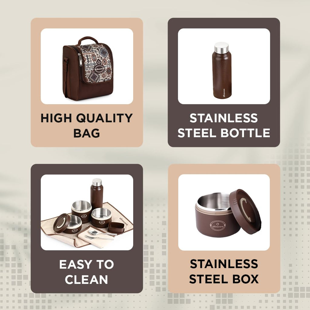 Oliveware TESO Musk Lunch Box | 3 Microwave-Safe Containers (2×420ml, 1×620ml) + 750ml Steel Bottle + 130ml Pickle Box + Steel Cutlery | Premium Carry Bag | Freezer & Dishwasher Safe (Brown)