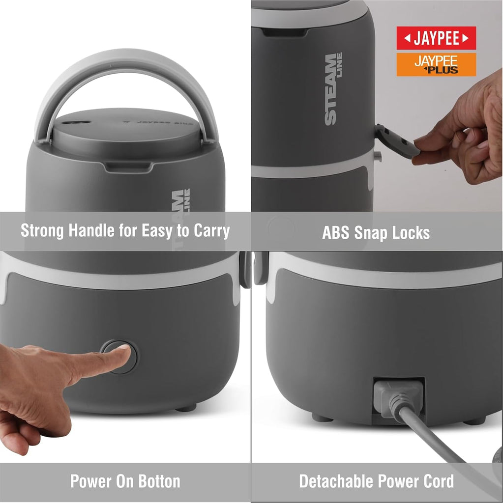 Jaypee Plus Steamline Electric Lunch Box Stainless Steel containers 300X3 ml with Bag, Power Cord & Measuring Cup Lunch Box for Offfice Reheat Food in 15 Minute Auto Cut steam Technology,Dark Grey