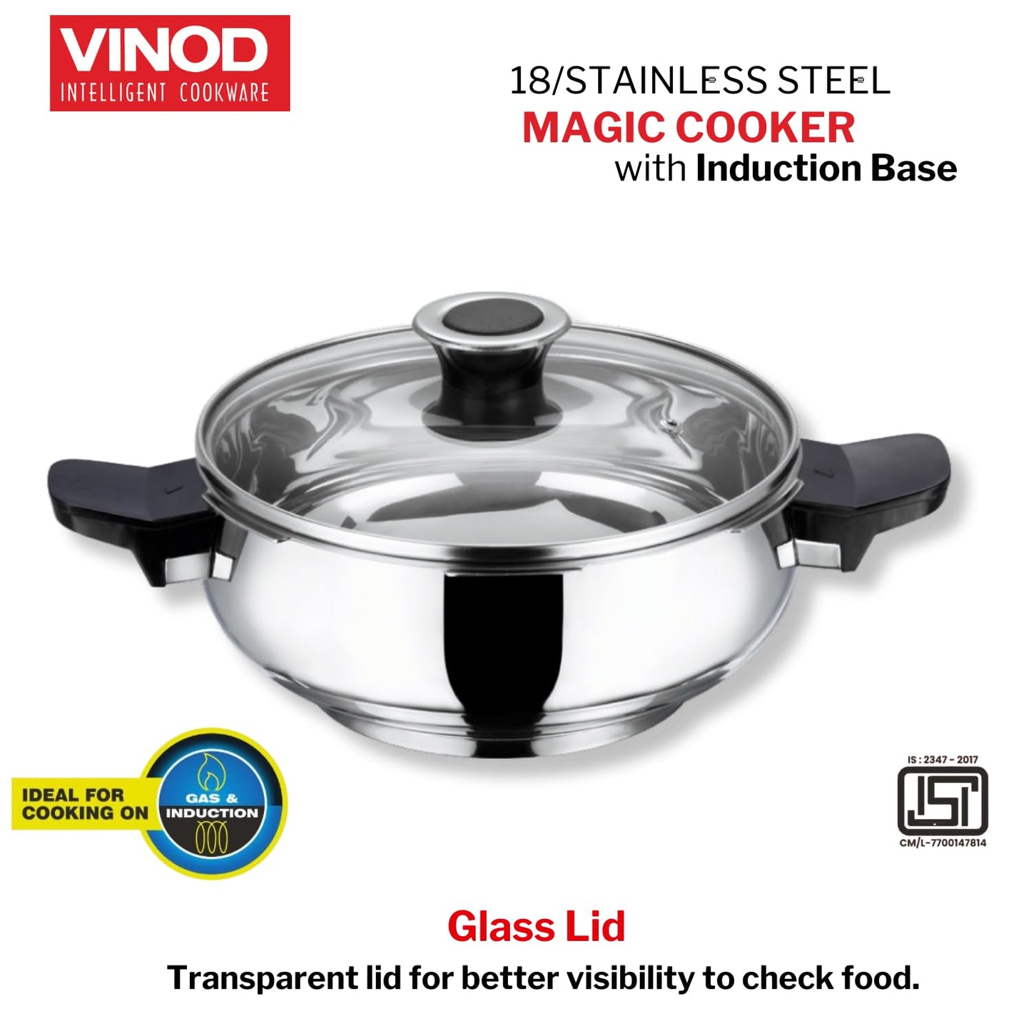 Vinod Magic Stainless Steel Smart 3 in 1 Pressure Cooker 3.5 Litre | 5mm Thick Base | All in One Cooker with Strainer & Glass Lid | Induction and Gas Base | ISI certified | 2 Years Warranty