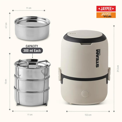 Jaypee Plus Steamline Electric Lunch Box Stainless Steel containers 300X3 ml with Bag, Power Cord & Measuring Cup Lunch Box for Offfice Reheat Food in 15 Minute Auto Cut steam Technology,Beige