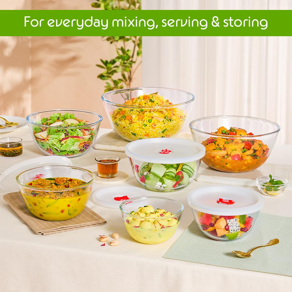 Borosil 500ml (2pc) Serving & Mixing Bowl with Lid Set | Made in India Borosilicate Glass Bowl for Kitchen & Dinning | Bowl for Mixing Dough, Salad, Batter | Microwave & Dishwasher Safe | Transparent