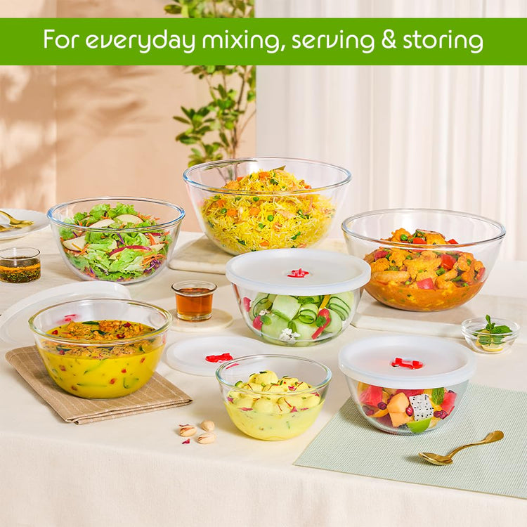Borosil 500ml (2pc) Serving & Mixing Bowl with Lid Set | Made in India Borosilicate Glass Bowl for Kitchen & Dinning | Bowl for Mixing Dough, Salad, Batter | Microwave & Dishwasher Safe | Transparent
