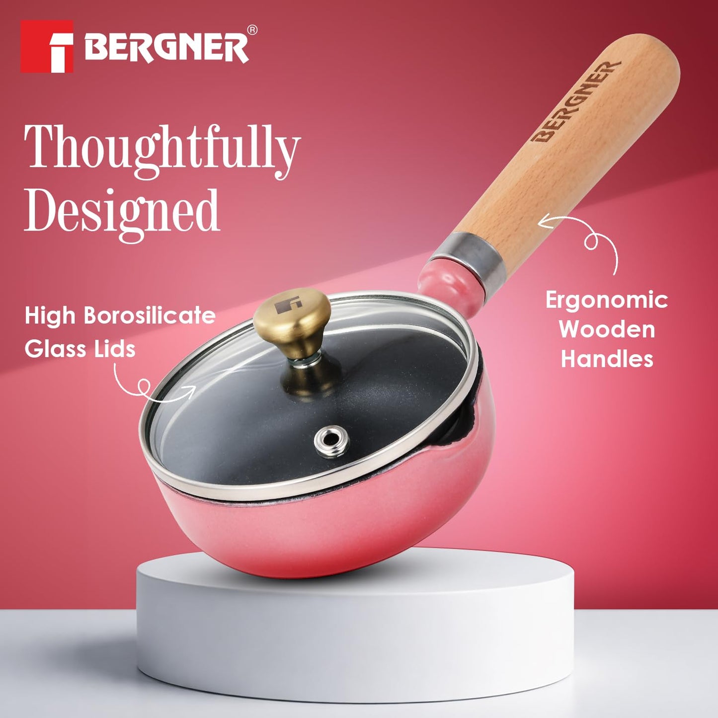 BERGNER Excalibur Lightweight Cast Iron Tadka Pan with Lid 12cm, Non-Stick Vaghar Pan, PFAS Free, Perfect Heat Distribution, Elegant Design, Silicone Grips - Induction and Gas Stove Ready (Pink)