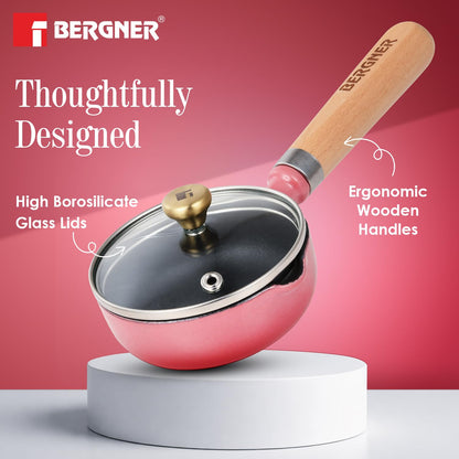 BERGNER Excalibur Lightweight Cast Iron Tadka Pan with Lid 12cm, Non-Stick Vaghar Pan, PFAS Free, Perfect Heat Distribution, Elegant Design, Silicone Grips - Induction and Gas Stove Ready (Pink)