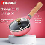 BERGNER Excalibur Lightweight Cast Iron Tadka Pan with Lid 12cm, Non-Stick Vaghar Pan, PFAS Free, Perfect Heat Distribution, Elegant Design, Silicone Grips - Induction and Gas Stove Ready (Pink)