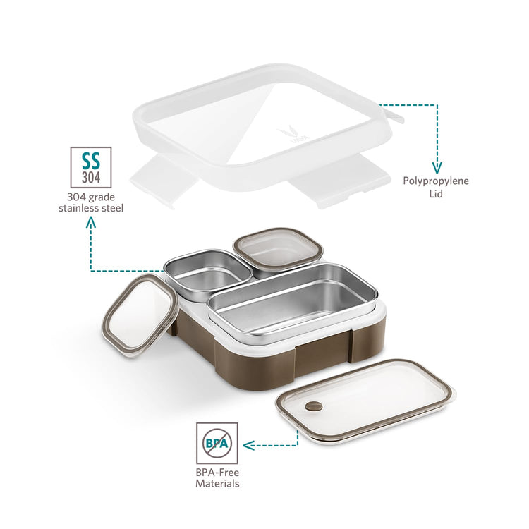 VAYA Stainless Steel Tiffin Box for Men, Kids Girls,1 Large & 2 Small Compartments, Bento Lunch Box, Smart Portions for Balanced Meals, Brown