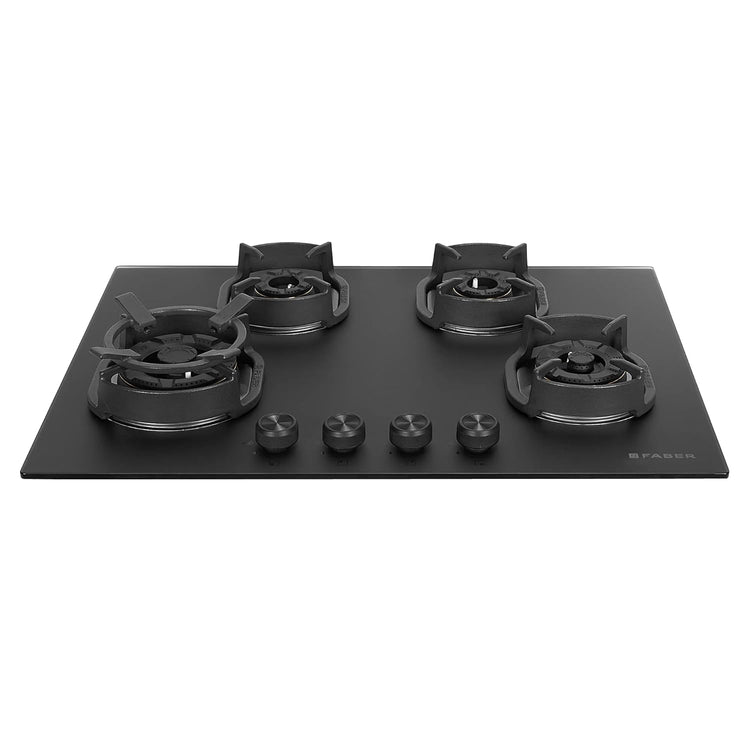 Faber Della 4 Burner 72cm Hob |Auto-Ignition|Brass Burner| Cast Iron Pan Support |Hob/Cooktop Hybrid| Matt Black Glass Finish |5 Yrs Warranty on Glass & Valve | 5 Yrs on Burner|Hob Della HD724 CI AI