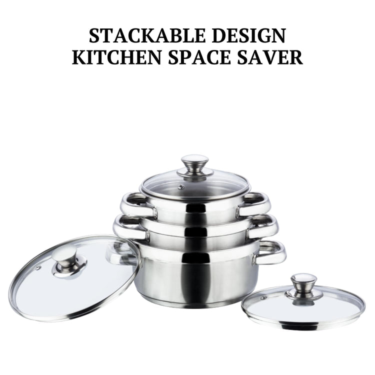 Vinod Bremen Stainless Steel Saucepot Set of 3 with Glass Lids | 2.5 mm Heavy Bottom | for Soups, Curries, Rice & Pasta | Riveted Handles | Induction & Gas Compatible | 2 Yr Warranty – Silver