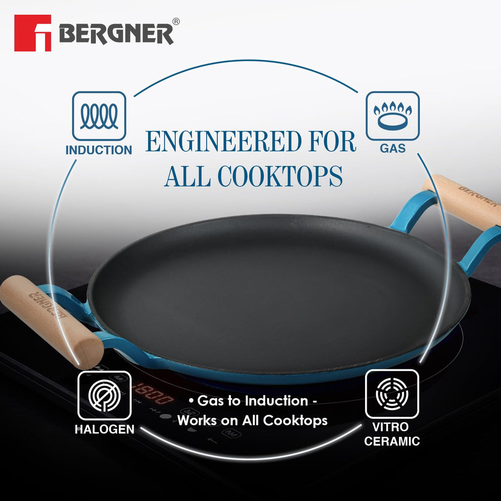 BERGNER Excalibur Lightweight Cast Iron Dosa Tawa 28cm, Double Sided Sturdy Handle, Non-Stick Coating, PFAS Free, Perfect Heat Distribution, Elegant Design - Induction Compatible (Blue)