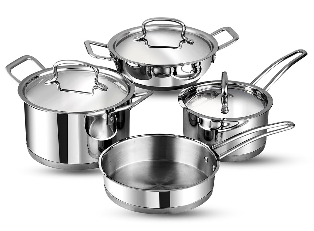 Vinod Classique Deluxe Stainless Steel Cookware Set of 4 pcs/Saucepan, Saucepot, Kadai and Frypan/Steel Utensils Cooking Set for Kitchen, Heavy Induction Bottom - 2 Year Warranty