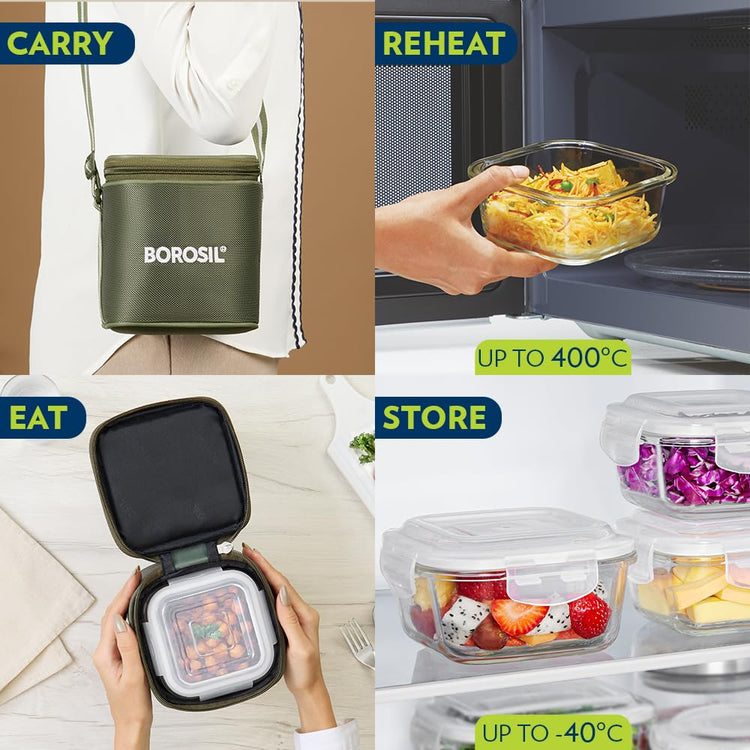 Borosil Eateasy Borosilicate Glass Lunchbox with Bag | 2 pc Square Container Set (320 ml Each) | Microwave & Dishwasher Safe, Leakproof | Tiffin for Office, School, College | Transparent, Vertical