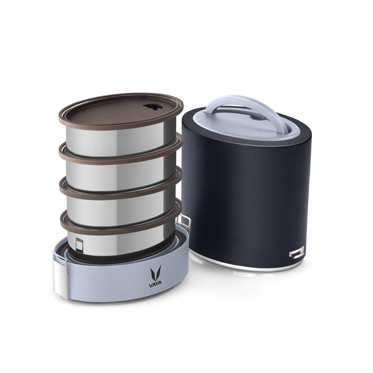 VAYA TYFFYN Jumbo Lunch Box for Office for Men, with Polished Stainless Steel Containers,1300ml Vacuum Insulated Hot Lunch Box Without BagMat, Leakproof Hot Tiffin Box with 4 Compartments,Black