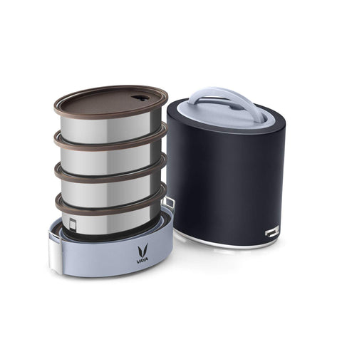 VAYA TYFFYN Jumbo Lunch Box for Office for Men, with Polished Stainless Steel Containers,1300ml Vacuum Insulated Hot Lunch Box Without BagMat, Leakproof Hot Tiffin Box with 4 Compartments,Black