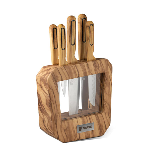 BERGNER Olive Garden Stainless Steel 6 Pcs Knife Set - Kitchen Knife Set of Chef Knife, Santoku Knife, Slicer Knife, Utility Knife, Paring Knife with Wooden Knife Block, Durable, Soft Touch Handle