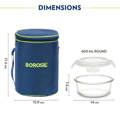 Borosil Klip n Store Lunchbox with Bag | 3pc Round Container Set (400 ml Each) | Made in India Borosilicate Glass | Microwave & Dishwasher Safe | Tiffin for Office, School, College | Vertical