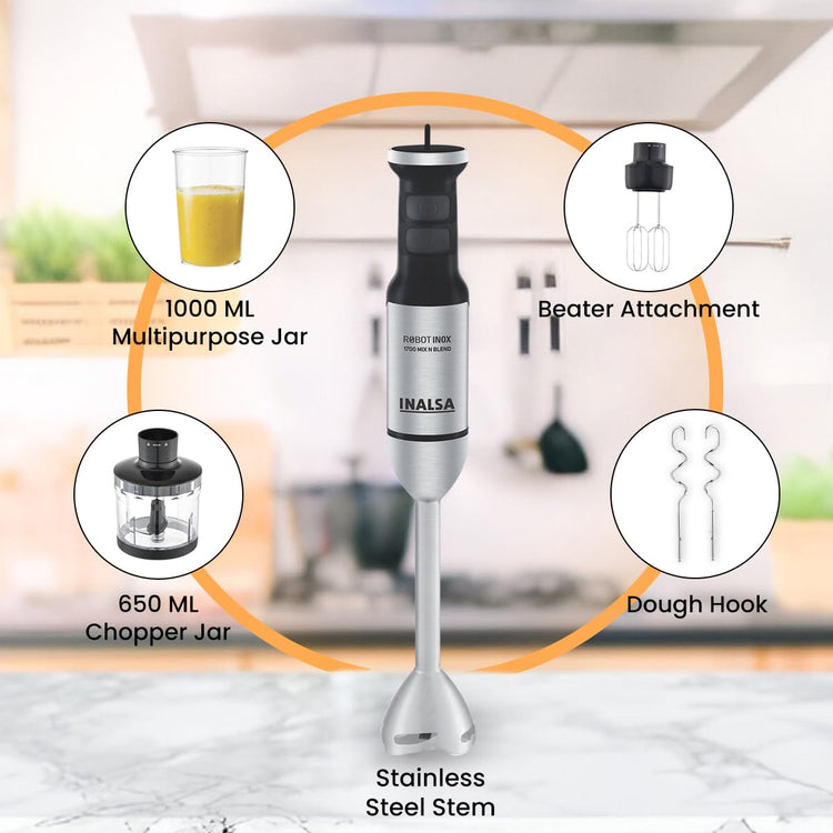 INALSA Hand Blender Mixer|1700W Copper Motor|Chopper,Dough Maker,Whisker & Jar Attachment|Low Noise|20 Speed Control & Turbo Function|BPA Free|Anti-Splash|2 Yr Warranty,Robot Inox 1700 Mix N Blend