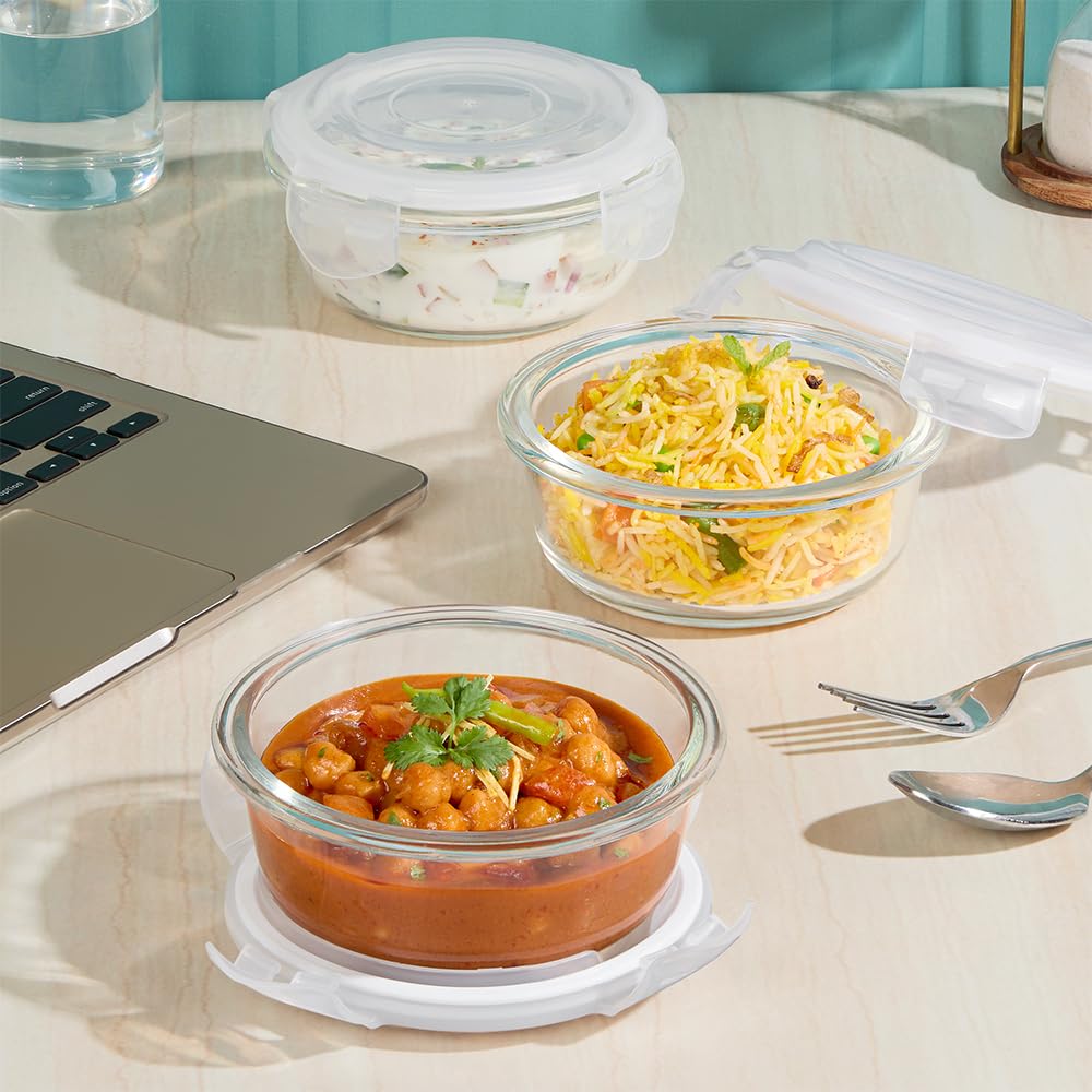 Borosil Eateasy Borosilicate Glass Lunchbox with Bag | 3 pc Round Container Set (400 ml Each) | Microwave & Dishwasher Safe, Leakproof | Tiffin for Office, School, College | Transparent