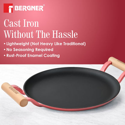 BERGNER Excalibur Lightweight Cast Iron Dosa Tawa 28cm, Double Sided Sturdy Handle, Non-Stick Coating, PFAS Free, Perfect Heat Distribution, Elegant Design - Induction Compatible (Pink)