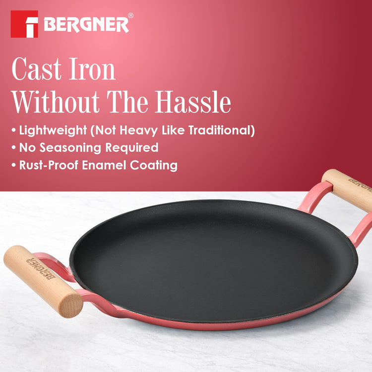 BERGNER Excalibur Lightweight Cast Iron Dosa Tawa 30cm, Double Sided Sturdy Handle, Non-Stick Coating, PFAS Free, Perfect Heat Distribution, Elegant Design - Induction Compatible (Pink)