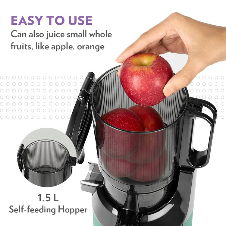 Borosil Vita Rich Cold Press Juicer | 250 Watts, 1.5 L Wide Mouth Hopper, 1 L Jug & Pulp Collector with Anti Drip Tap | Reverse Function for Pulp Cleaner, Auto Cut-Off for Safety | 2 Years Warranty