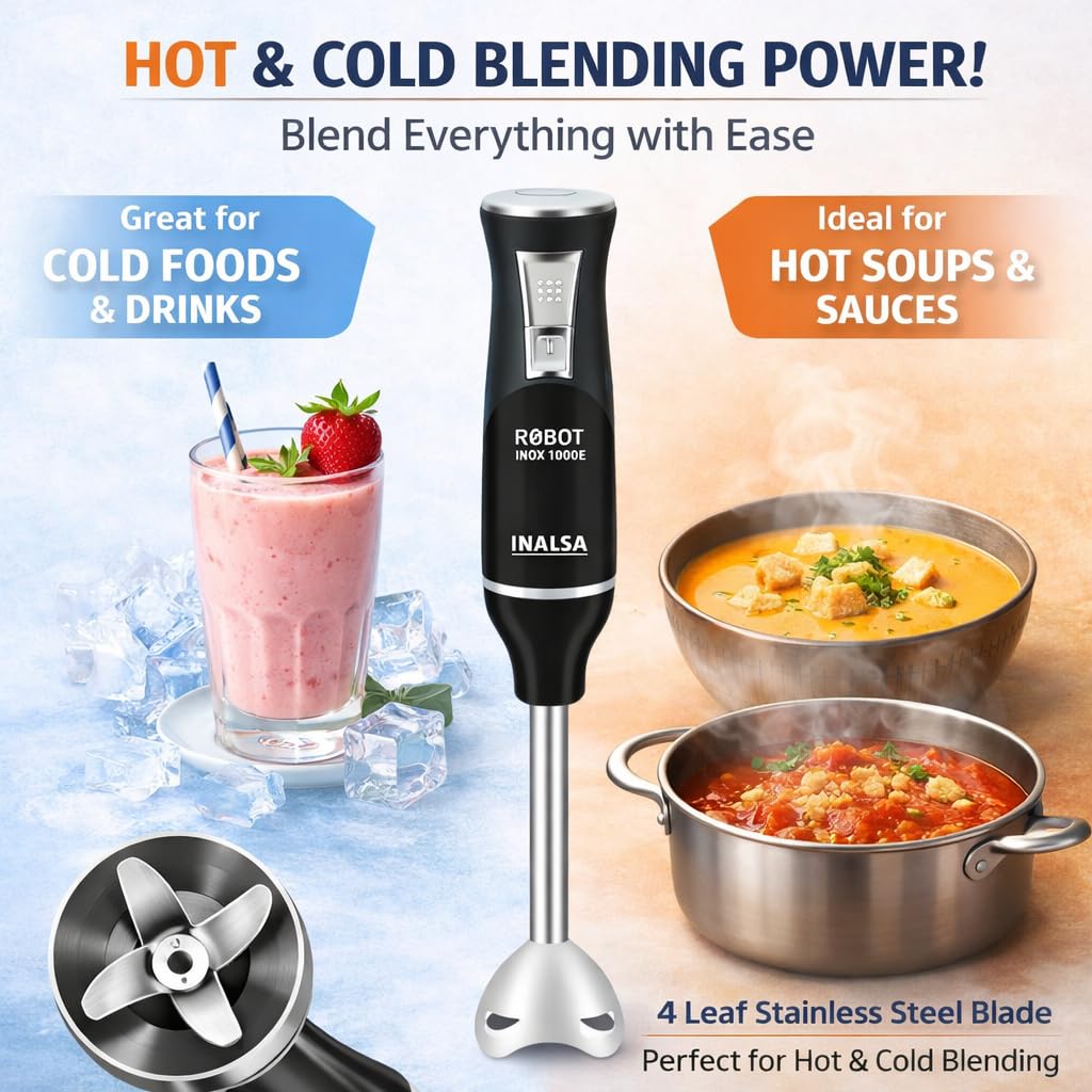 INALSA Hand Blender 1000 Watts with Chopper, Whisker| Variable Speed & Turbo Speed Function|100% Copper Motor|0.6Liter|Low Noise |Anti-Splash Technology|Home&kitchen|2 Year Warranty (Robot Inox 1000E)
