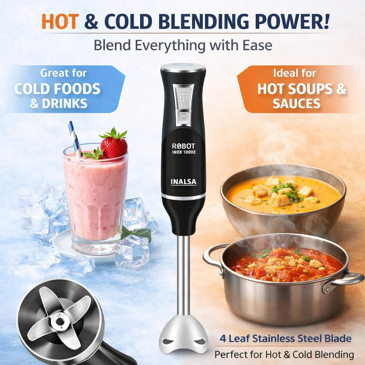 INALSA Hand Blender 1000 Watts with Chopper, Whisker| Variable Speed & Turbo Speed Function|100% Copper Motor|0.6Liter|Low Noise |Anti-Splash Technology|Home&kitchen|2 Year Warranty (Robot Inox 1000E)