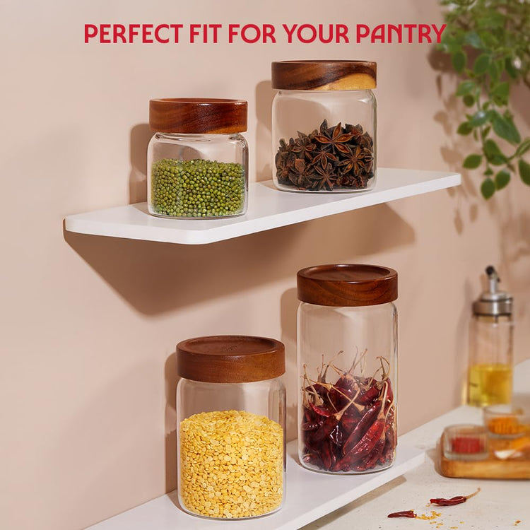 Borosil Glass Jar with Acacia Wood Lid | Borosilicate Glass Storage Jar for Dry Fruits, Spices & Snacks | Airtight Glass Container for Kitchen & Pantry (Tallwood, 600 ml)