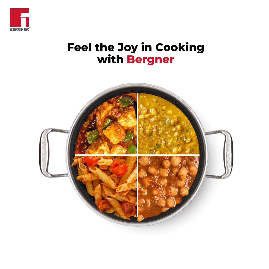 Bergner Hi-Tech TriPly Stainless Steel 20cm (1.5L) Kadai with Glass Lid, Honeycomb Non-Stick Coating, Non-Toxic, Healthy Cooking, Less Oil Use, Durable Handle, Excellent Grip - Induction and Gas Ready