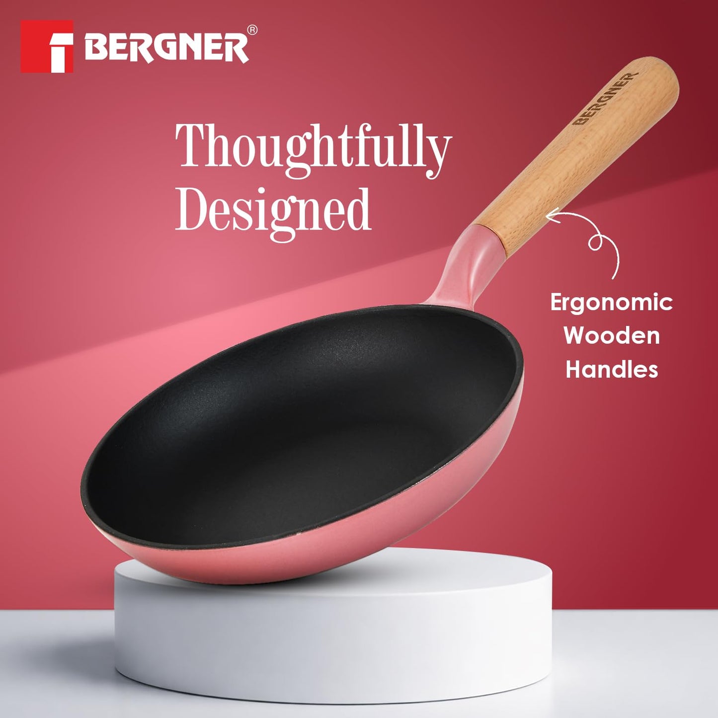 BERGNER Excalibur Lightweight Cast Iron Frypan 18cm, Sturdy Wooden Handle, Non-Stick Coating, PFAS Free, Perfect Heat Distribution, Elegant Design - Induction and Gas Stove Ready (Pink)