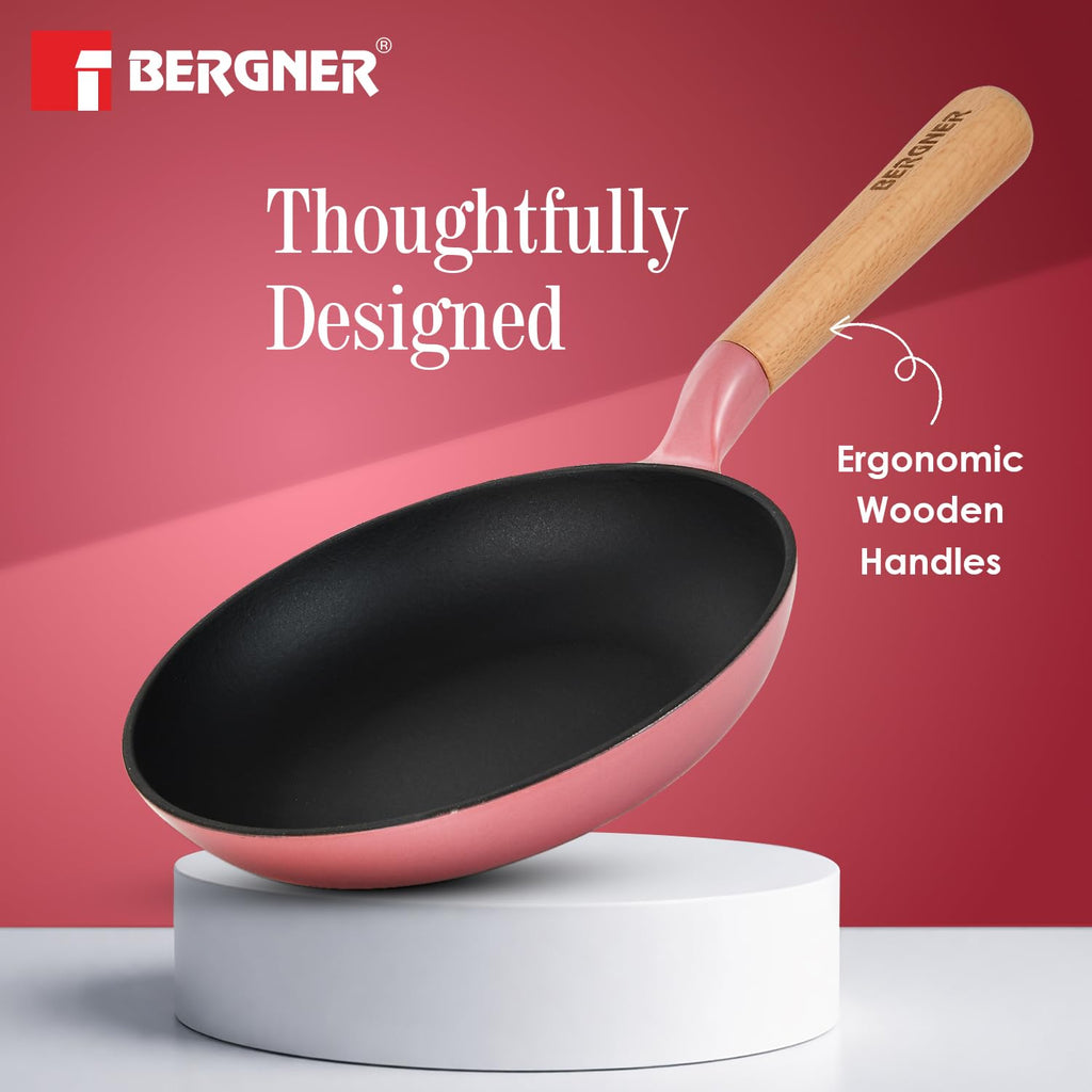 BERGNER Excalibur Lightweight Cast Iron Frypan 20cm, Sturdy Wooden Handle, Non-Stick Coating, PFAS Free, Perfect Heat Distribution, Elegant Design - Induction and Gas Stove Ready (Pink)