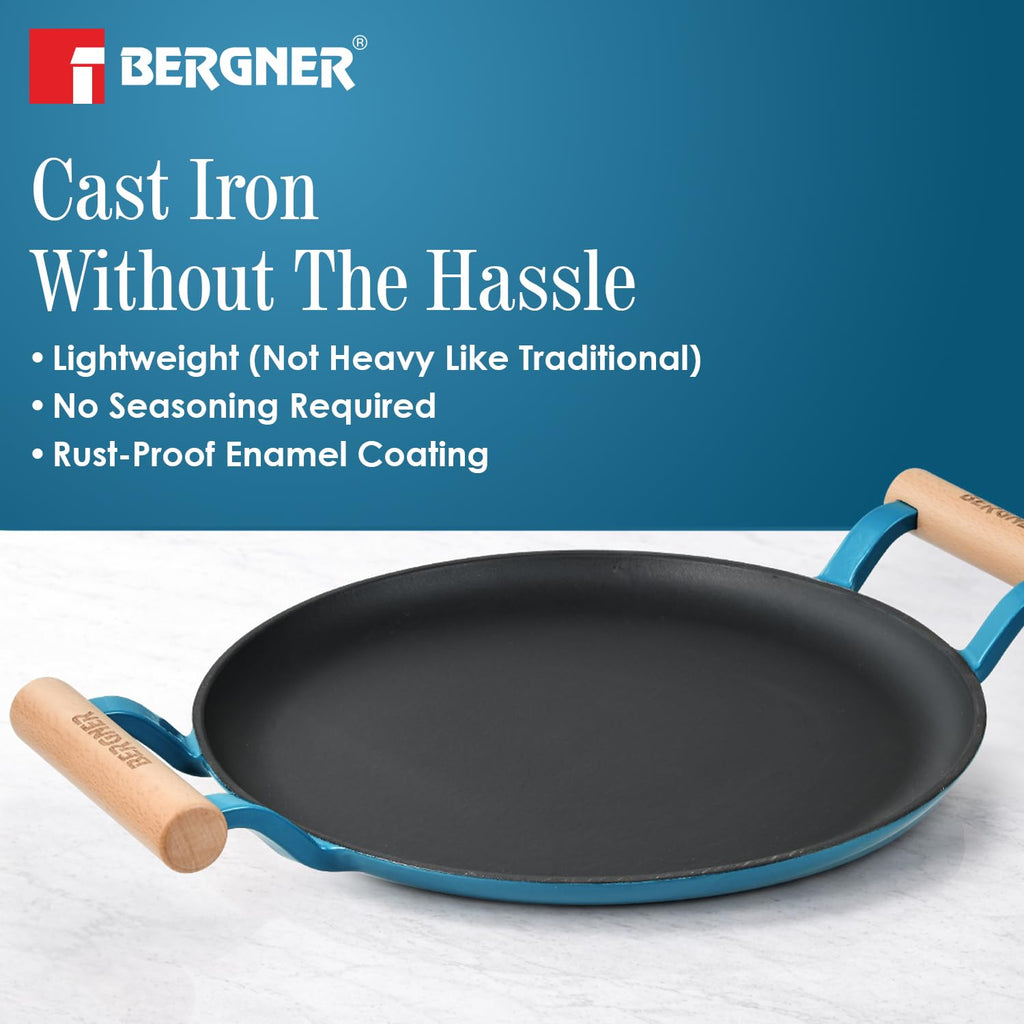 BERGNER Excalibur Lightweight Cast Iron Dosa Tawa 28cm, Double Sided Sturdy Handle, Non-Stick Coating, PFAS Free, Perfect Heat Distribution, Elegant Design - Induction Compatible (Blue)