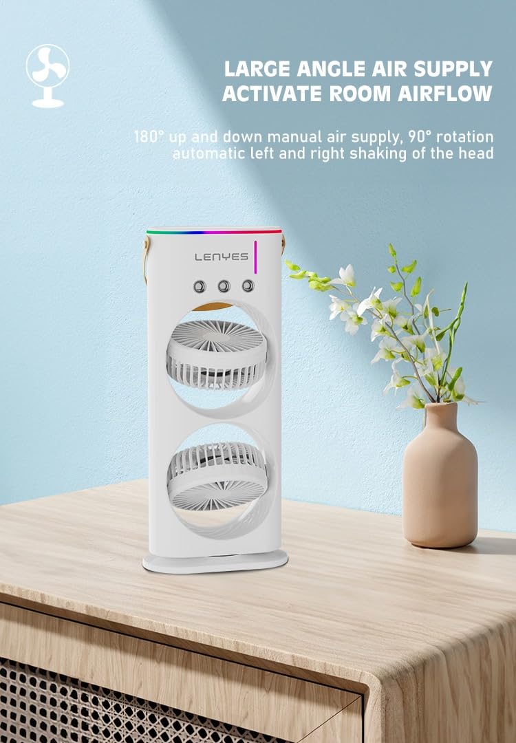 Lenyes LHF03 Tower Dual Fan 45mm | USB Charging Fan | LED Lighting | 3 Fan Speeds | 2 Mode Lighting | High Speed Oscillation Table Fan | White Protable Fan