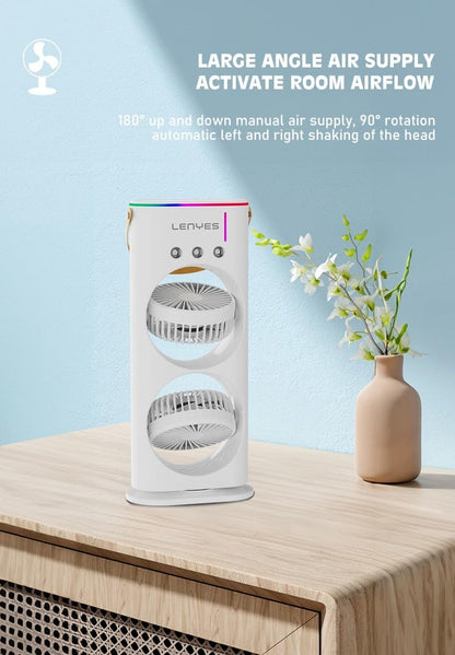 Lenyes LHF03 Tower Dual Fan 45mm | USB Charging Fan | LED Lighting | 3 Fan Speeds | 2 Mode Lighting | High Speed Oscillation Table Fan | White Protable Fan
