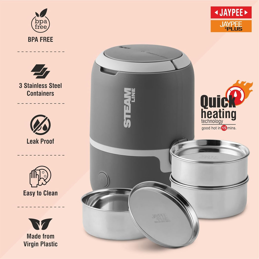 Jaypee Plus Steamline Electric Lunch Box Stainless Steel containers 300X3 ml with Bag, Power Cord & Measuring Cup Lunch Box for Offfice Reheat Food in 15 Minute Auto Cut steam Technology,Dark Grey