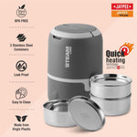 Jaypee Plus Steamline Electric Lunch Box Stainless Steel containers 300X3 ml with Bag, Power Cord & Measuring Cup Lunch Box for Offfice Reheat Food in 15 Minute Auto Cut steam Technology,Dark Grey