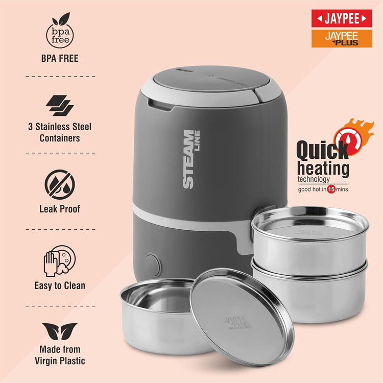 Jaypee Plus Steamline Electric Lunch Box Stainless Steel containers 300X3 ml with Bag, Power Cord & Measuring Cup Lunch Box for Offfice Reheat Food in 15 Minute Auto Cut steam Technology,Dark Grey