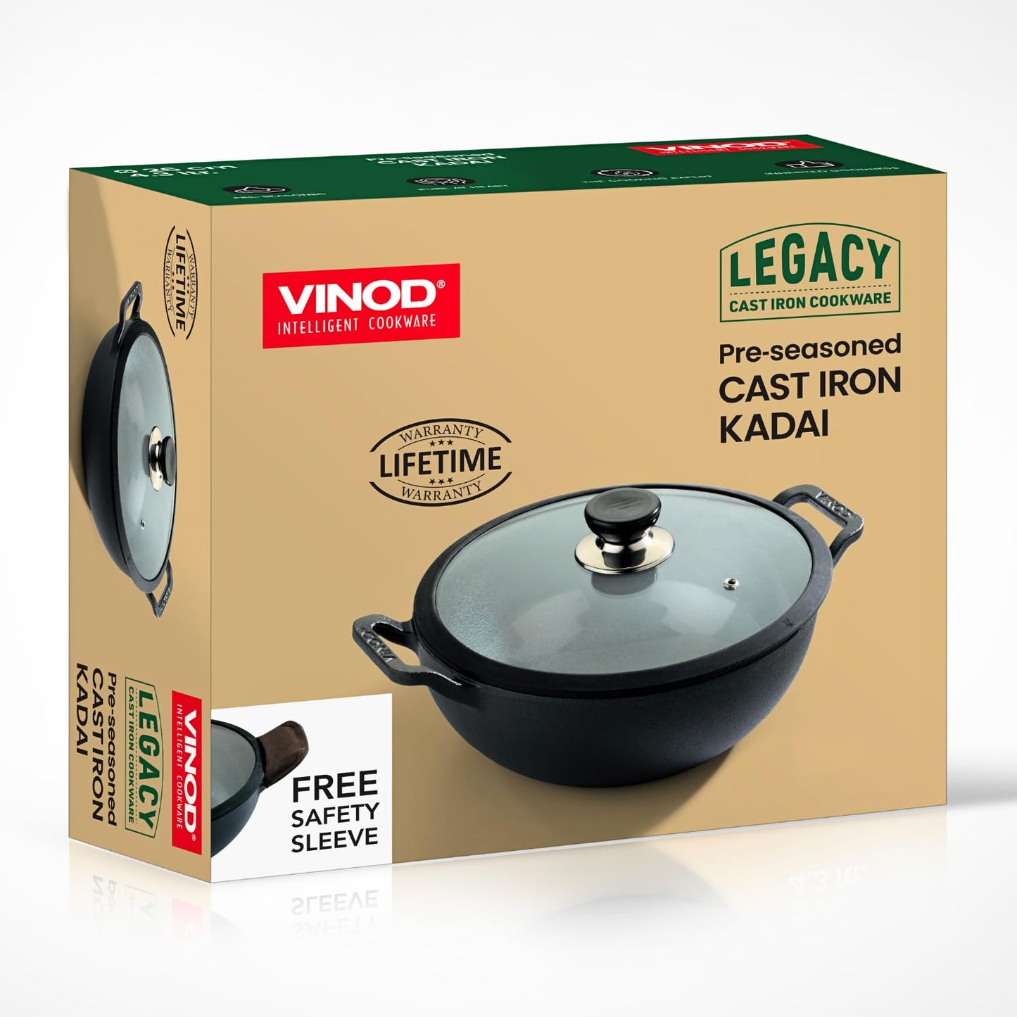 Vinod Legacy Pre-Seasoned Cast Iron Kadai- 3.3 L, 24 cm | Kadai with Glass Lid | 100% Pure, Naturally Stick-Free, Rust-Proof | Traditional Kadhai for Deep Frying & Healthy Cooking | Lifetime Warranty
