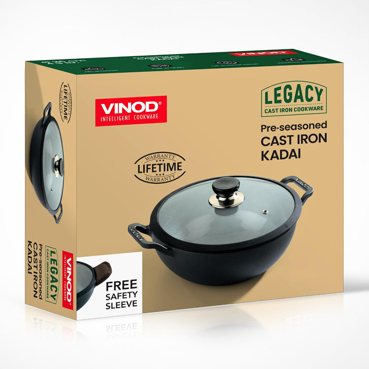 Vinod Legacy Cast Iron Kadai with Glass Lid 2.4L (22 cm) | Pre-Seasoned & Stick-Free | Ideal for Sabzi, Frying & Curries | 100% Pure & Toxin-Free | Safety Sleeve | Rust Resistant