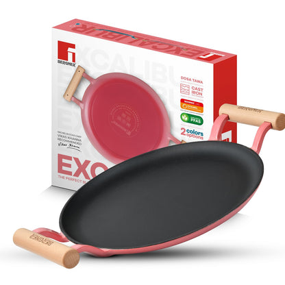 BERGNER Excalibur Lightweight Cast Iron Dosa Tawa 28cm, Double Sided Sturdy Handle, Non-Stick Coating, PFAS Free, Perfect Heat Distribution, Elegant Design - Induction Compatible (Pink)